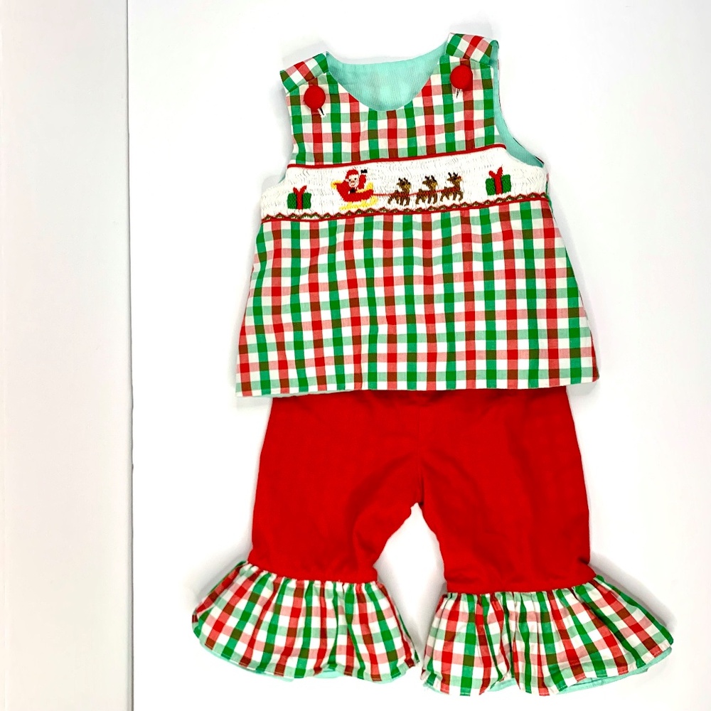 Embroidered Christmas/Thanksgiving Reversible smocked red plaid ruffled pant set